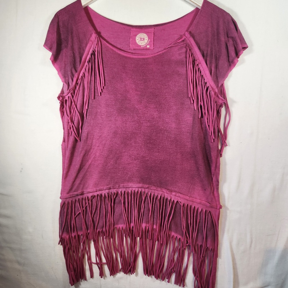 Double D Ranchwear Pink Fringe Western Boho Mineral Wash Top Womens Medium